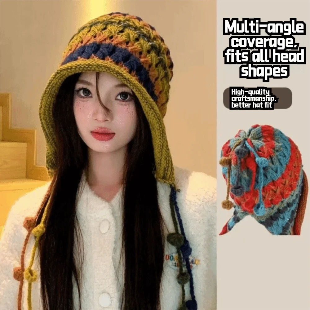 Fashion Rainbow Striped Knitted Woolen Hat Ethnic Style Windproof Ear Protection Cap Keep Warm Thickened Beanie Hat Outdoor