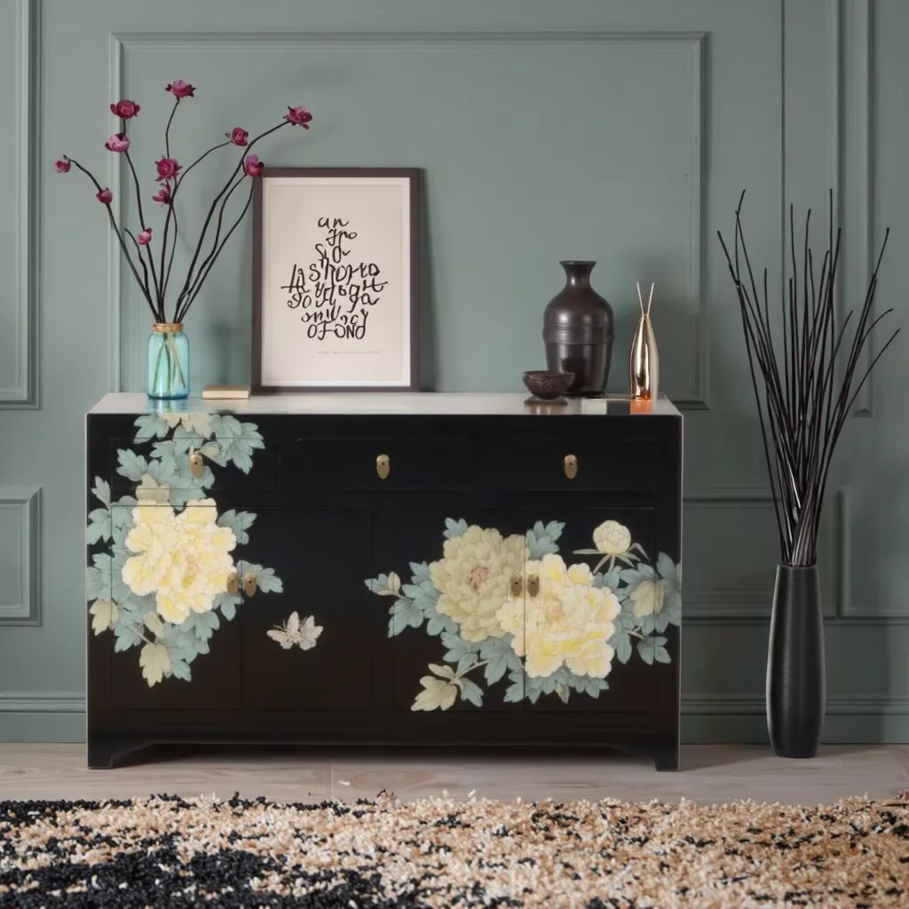 

❁w Hand-Painted Peony Phoenix Distressed Brass Hardware Sideboard Solid Wood Prosperity Wealth Meaning for Living Room Dining o