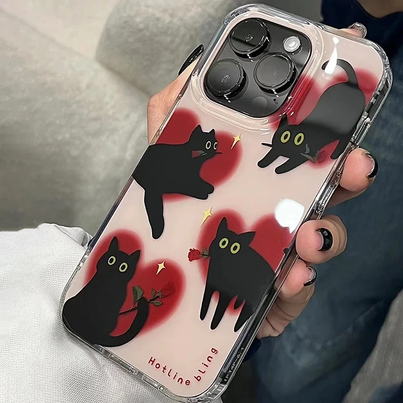 Korea Cute Cartoon Black Cat Wheat Phone Case For IPhone 15 14 13 12 11 Pro Max MINI 8 7 Plus XS XR 15PRO Love Chain Back Cover