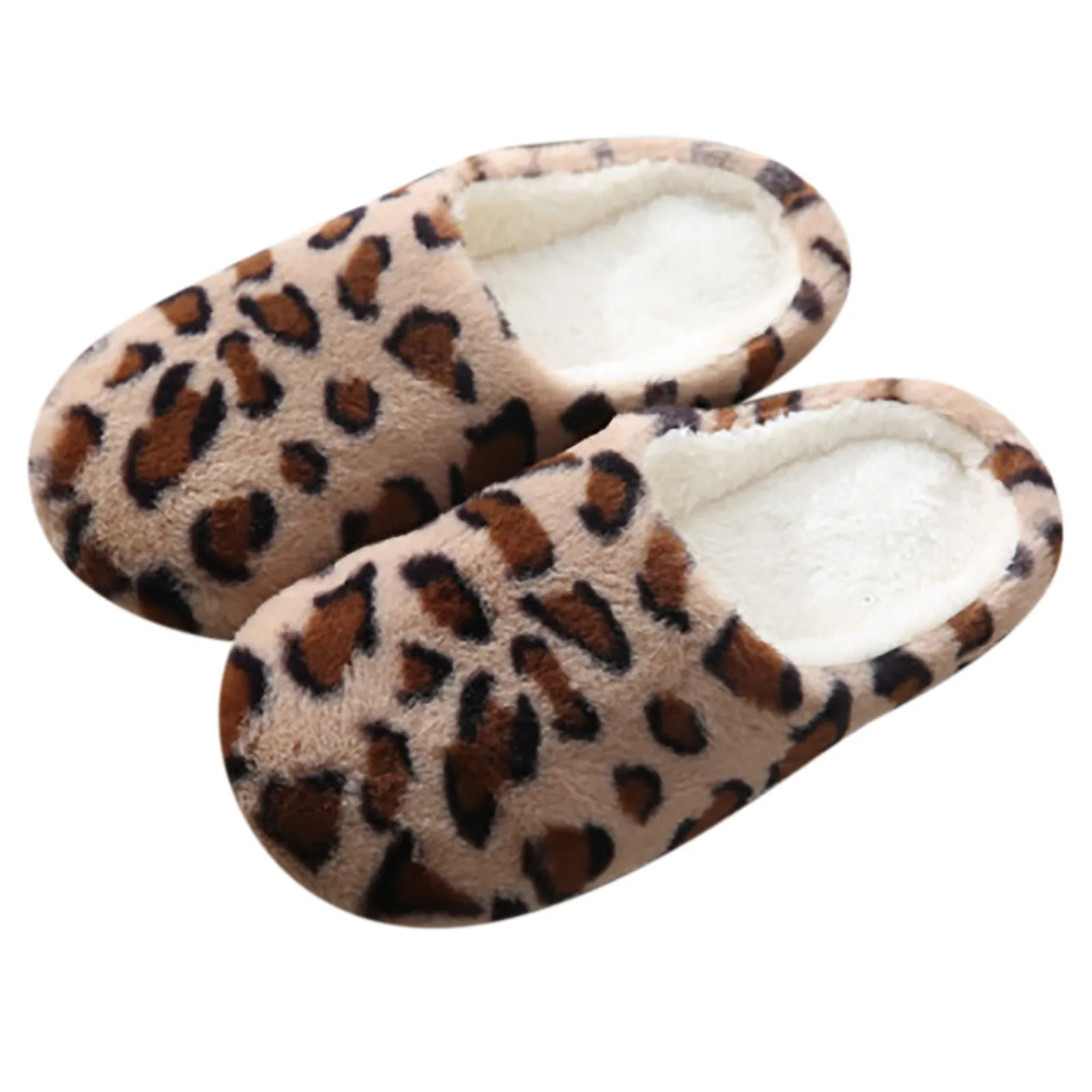 Women Leopard Velvet Slippers Winter Autumn Plus Size Flat Slip On Slippers Round Toe Non Slip Warm Bedroom Shoes House Slippers