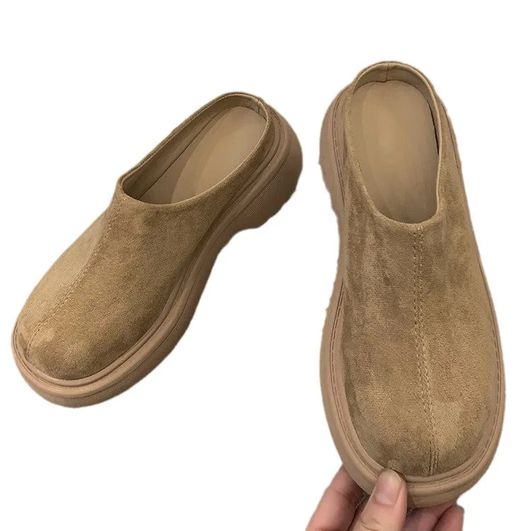 Khaki Slippers Women Shoes Casual Mules Slippers Flat Cover Toe Slides Platform Loafers Comfortable Versatile Women Pantofle 40