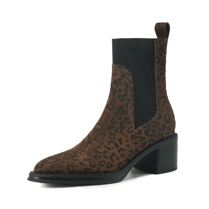 

2025 New Fashion Women Boots 100% Genuine Leather Autumn Platform Boots Pointed Elastic Leopard Print Brown Shoes