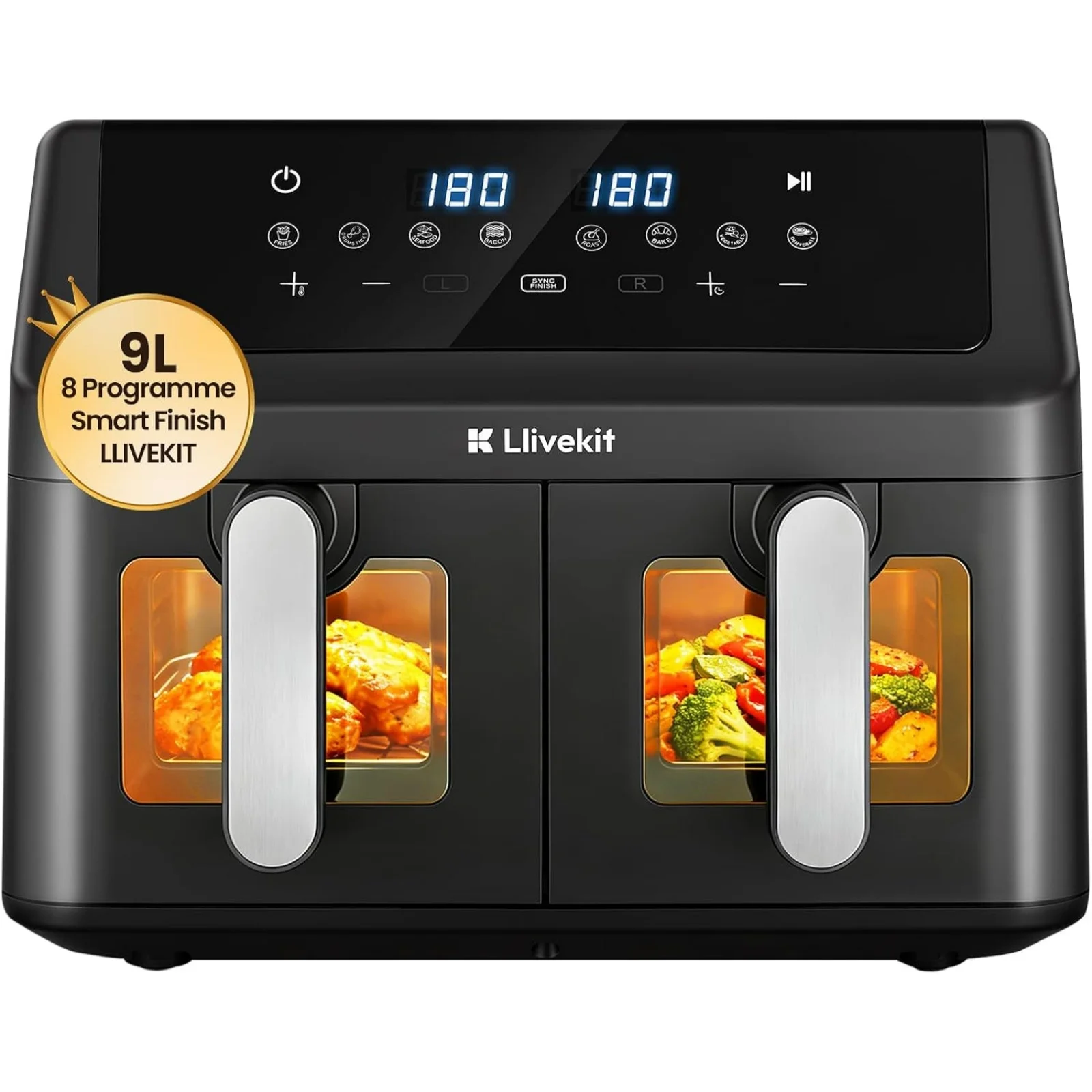 Llivekit Freidora de Aire Caliente de Doble Cámara 9L (2x4.5L) con Apagado Automático, Convección 4D, 70% Ahorro de Energía, 8 Programas y