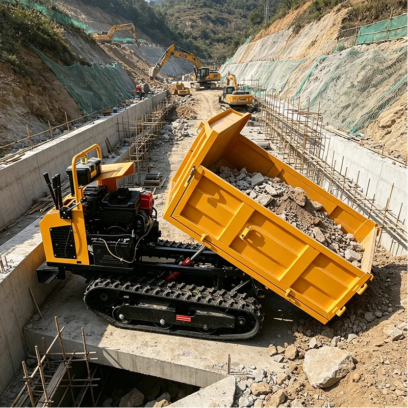 Hydraulic Dumping Machine Small Track Carrier with Self Loading Bucket Rubber Crawler Chassis for Agricultural Construction Use
