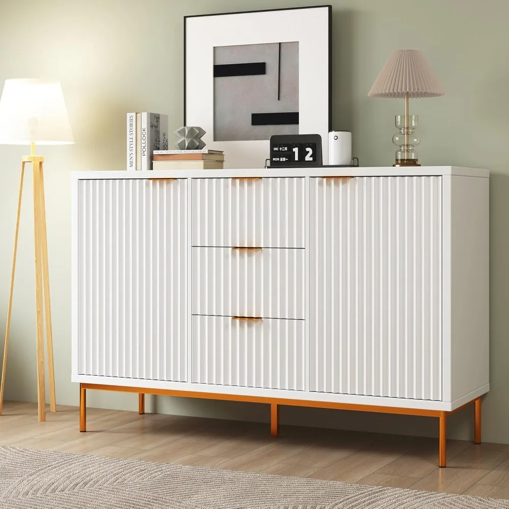 

Sideboard Buffet Cabinet with Storage, Modern Fluted Cabinet with 2 Doors 3 Drawers, Coffee Bar Storage Credenza, Acc