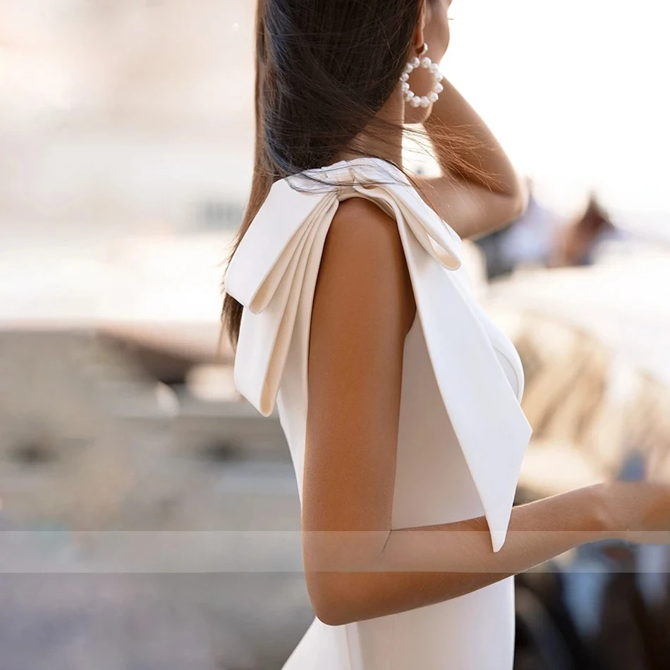 Customized Elegant Simple Mermaid Wedding Dress Chic One Shoulder Decorative Bow Slim Silky Satin White Formal Bridal Gown