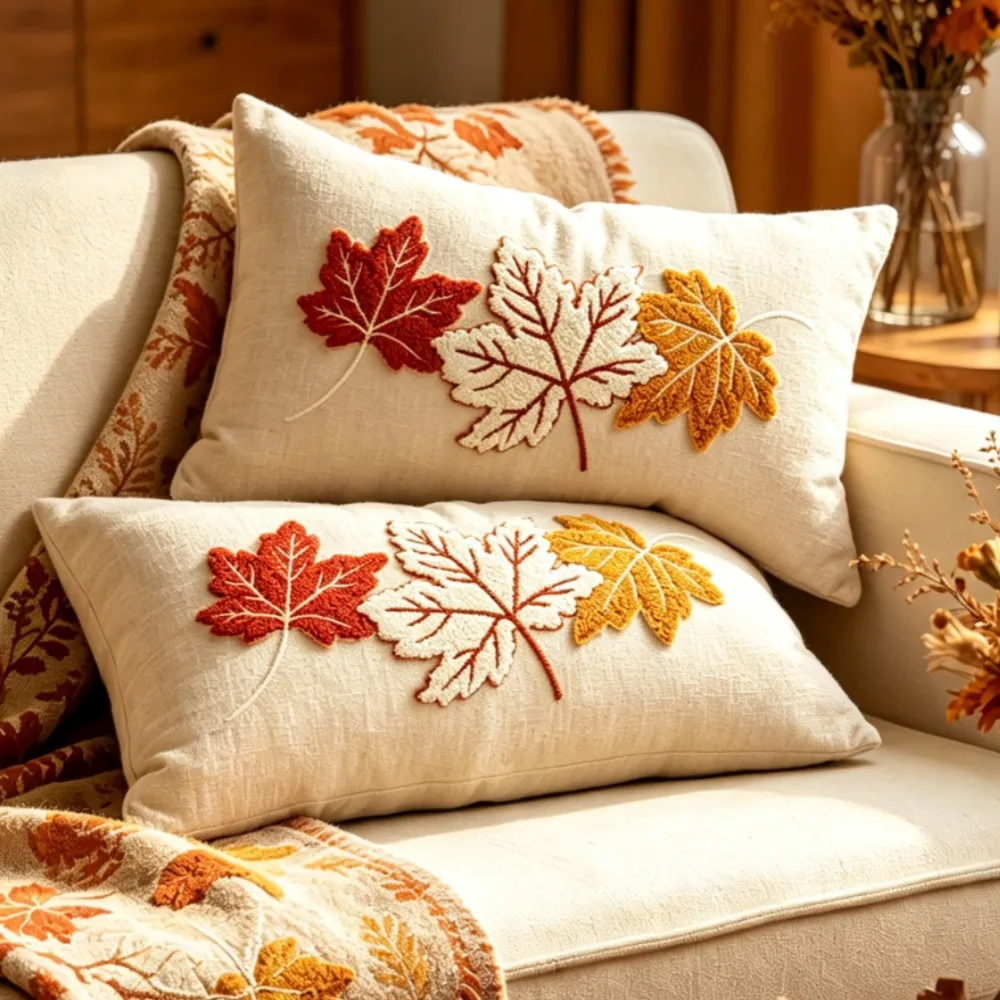 1/2pcs Embroidered Fall Pillow Cover Colorful Maple Leaf Decor Lumbar Throw Pillow Cases for Couch Harvest Thanksgiving Gift