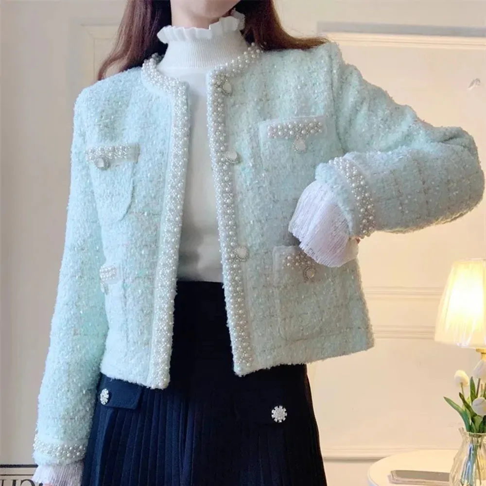 Fashion Retro Small Fragrant Wind Beaded Tweed Coat Female High Quality O-Neck Long Sleeve Office Short Jacket Ladies Outerwear