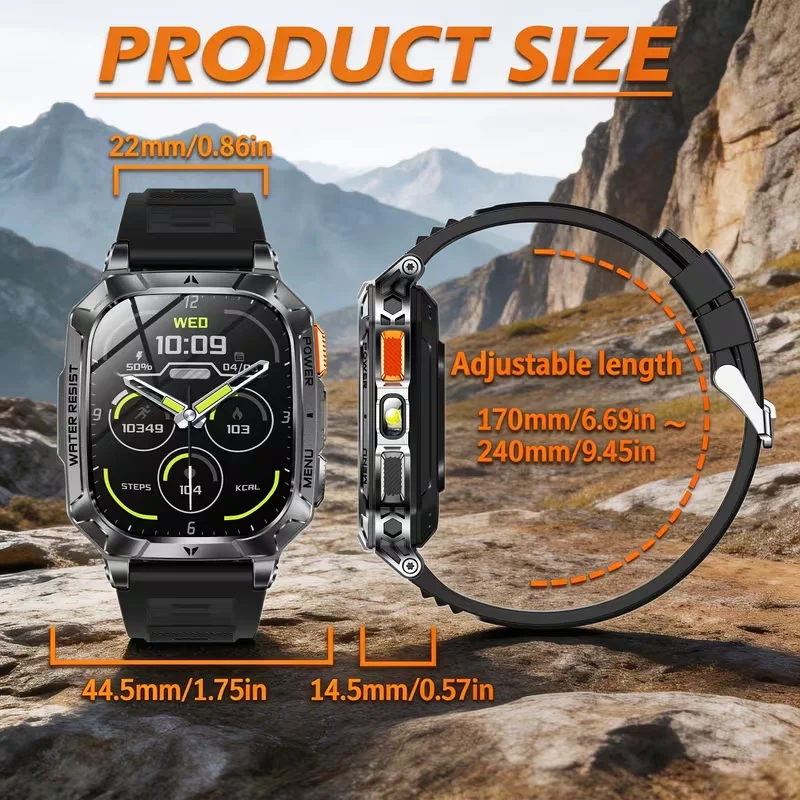 2026 Men Sports Watch 2.01'' HD Screen 1400mAh Battery Dual LED SOS 120+ Sports Modes IPX8 Waterproof BT Call Fitness Tracker