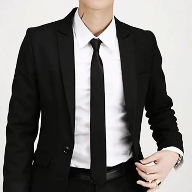Men's Slim Skinny Necktie – Solid Satin-Finish Tie for Parties, Weddings and Work, Black / Red – view 2
