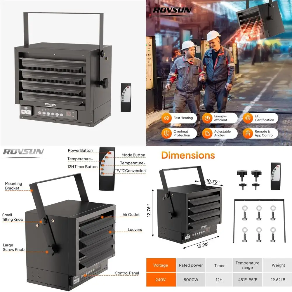 سخان رقمي بقوة 5000 وات مع جهاز تحكم عن بعد ومؤقت 12 ساعة وترموستات لتدفئة المرآب الكهربائي