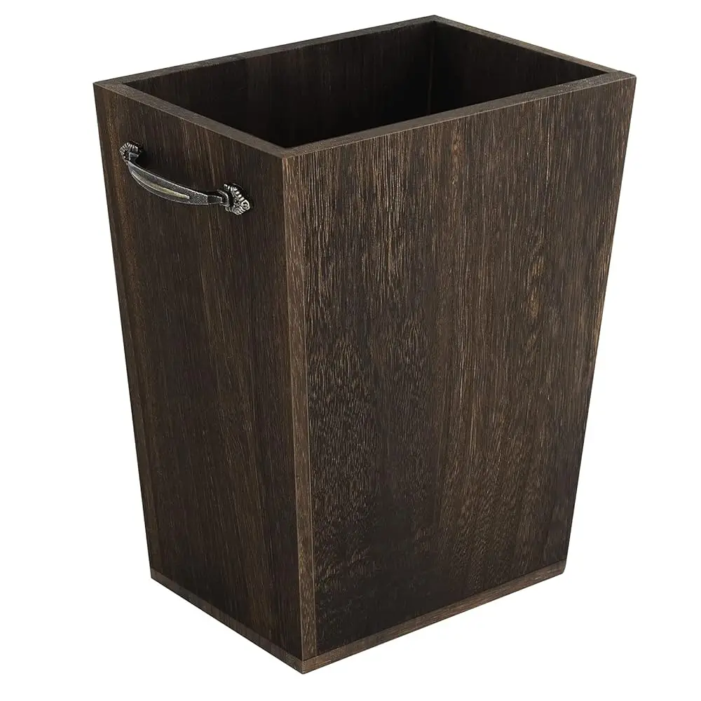 

Wood Trash Can, Rustic Farmhouse Style Wastebasket Small Square Garbage Bin With Metal Handle For Living Room Bedroom Bathroom
