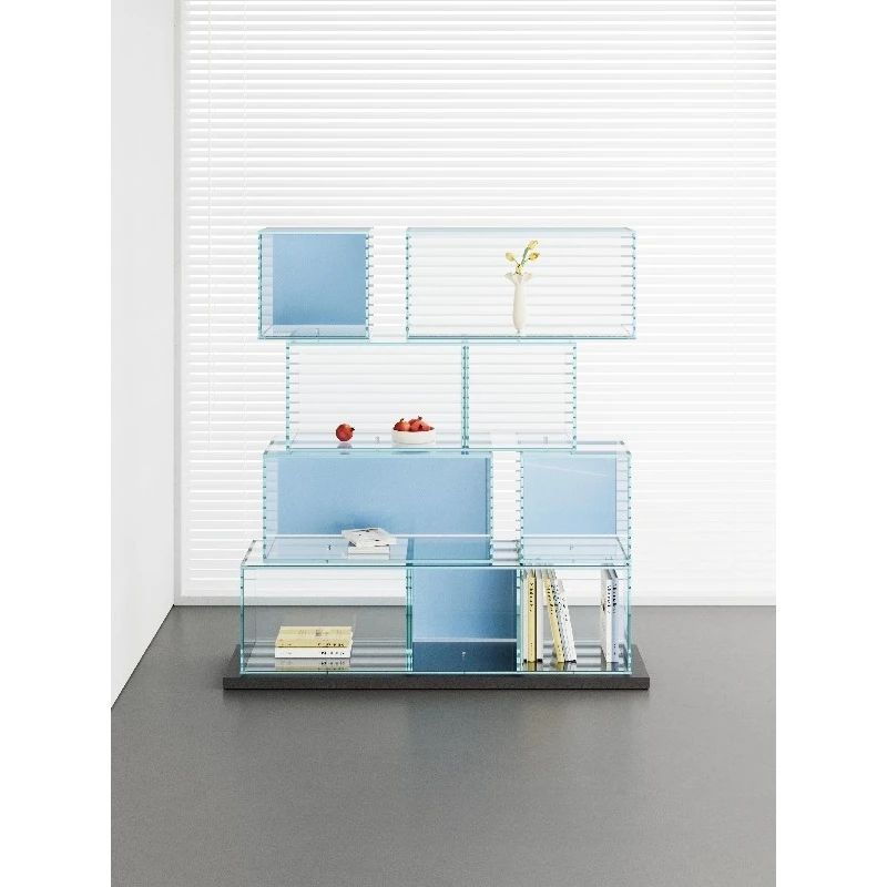 Blue glass display cabinet, floor-to-ceiling wine cabinet decorative cabinet combined storage bookcase