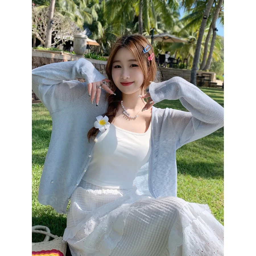 

Summer Thin Knitted Cardigan Women's awl Outerwear Ice Silk Tulle Sun Protection Top V-ne Long Sve Polyester Fiber