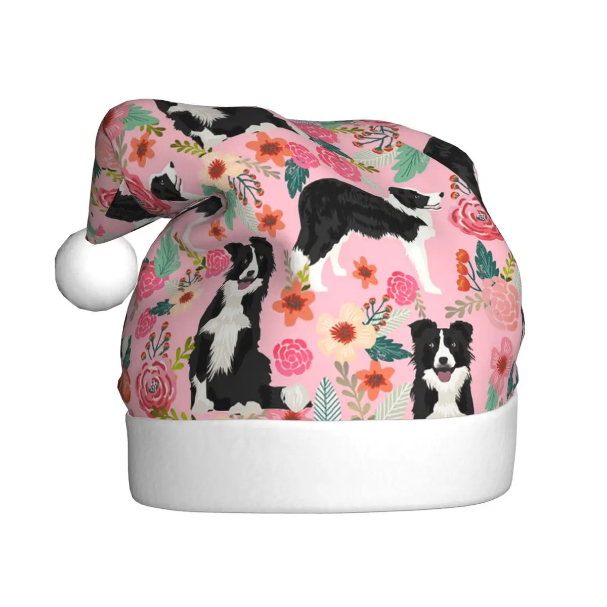 Border Collie Pink Floral Dog Christmas Hat for Adult Men Women Animal Santa Hat Cap Xmas Gifts