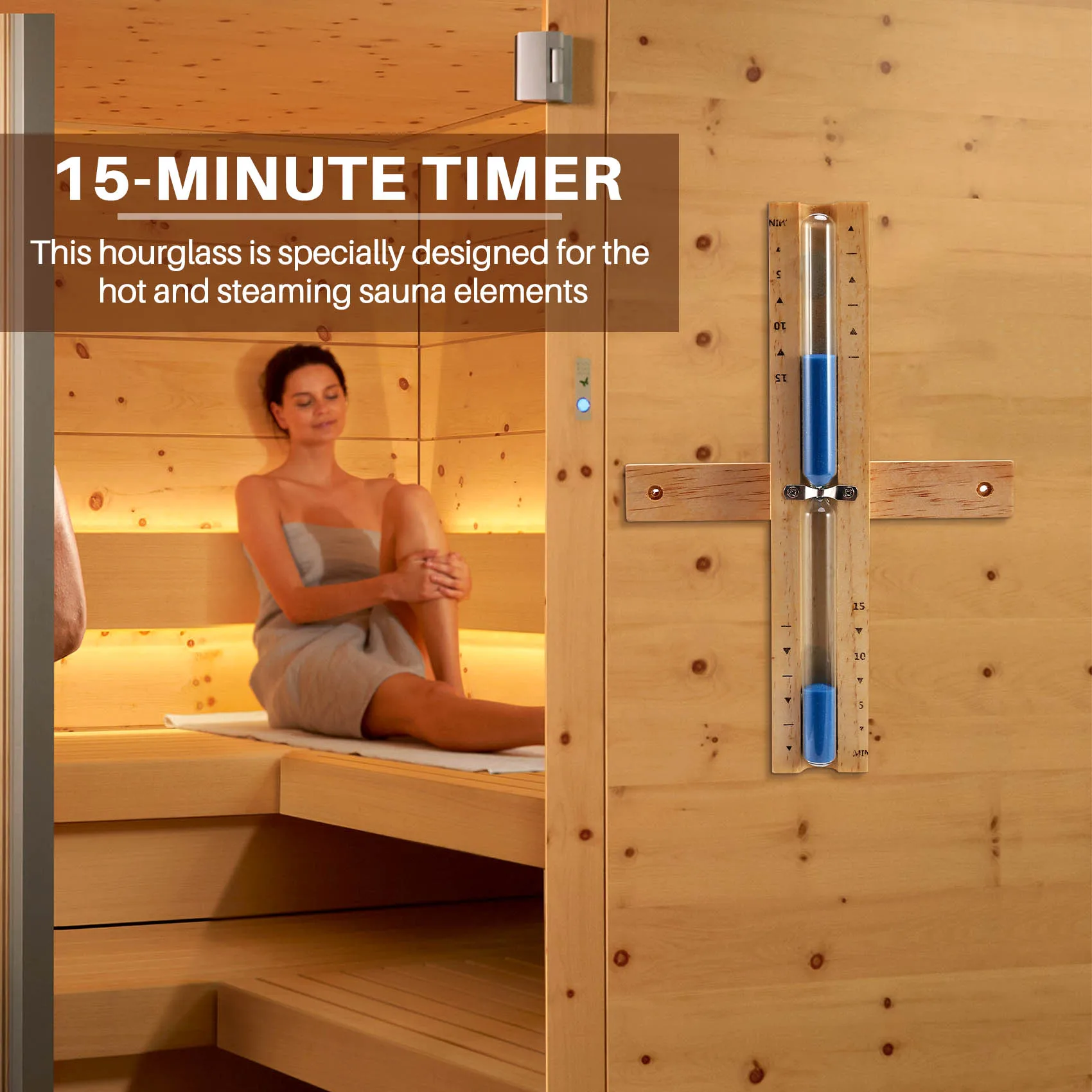 Reloj de arena giratorio de pared para Sauna, temporizador de 15 minutos, reloj de cuenta atrás, azul