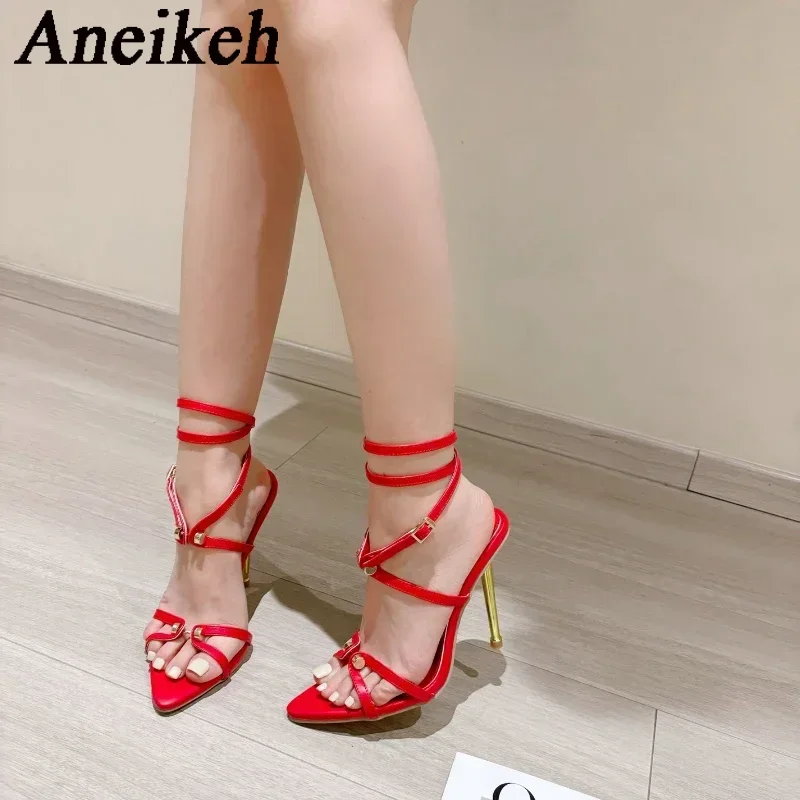 Aneikeh Roman Strap Metal Screw Tip Electroplated Fine Heel Sandals High Heels Wedding Banquet Sexy Pointed Toe Stripper Shoes