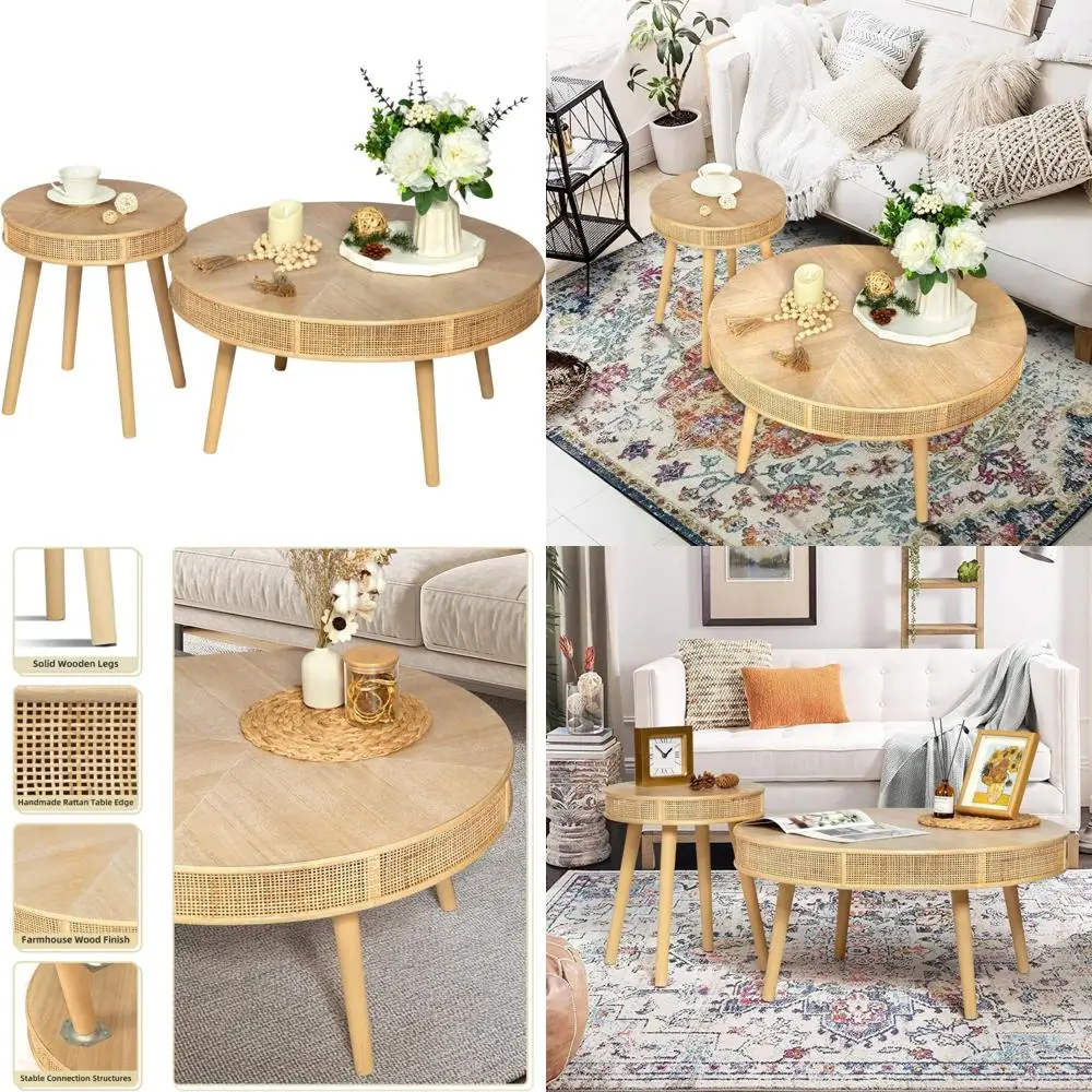 Modern Rustic Farmhouse Coffee Table Set, 2-Piece Solid Wood Sofa Side Tables with Rattan Accents