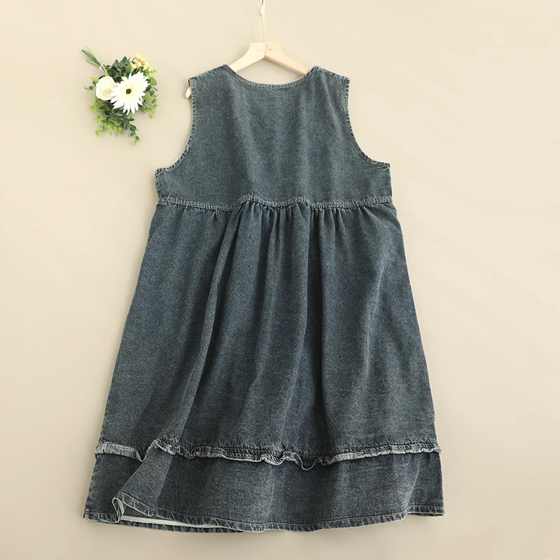 Robe mi-longue en coton et Denim pour femmes, Vintage japonais, Mori Girl, broderie de fleurs, col rond, sans manches, simple boutonnage, nouvelle collection printemps