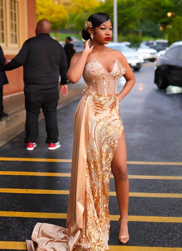 

Champagne Gold Long Mermaid Evening Dresses Sparkly Sequins Applique Boning Corset Customsized Prom Birthday Queen Gown