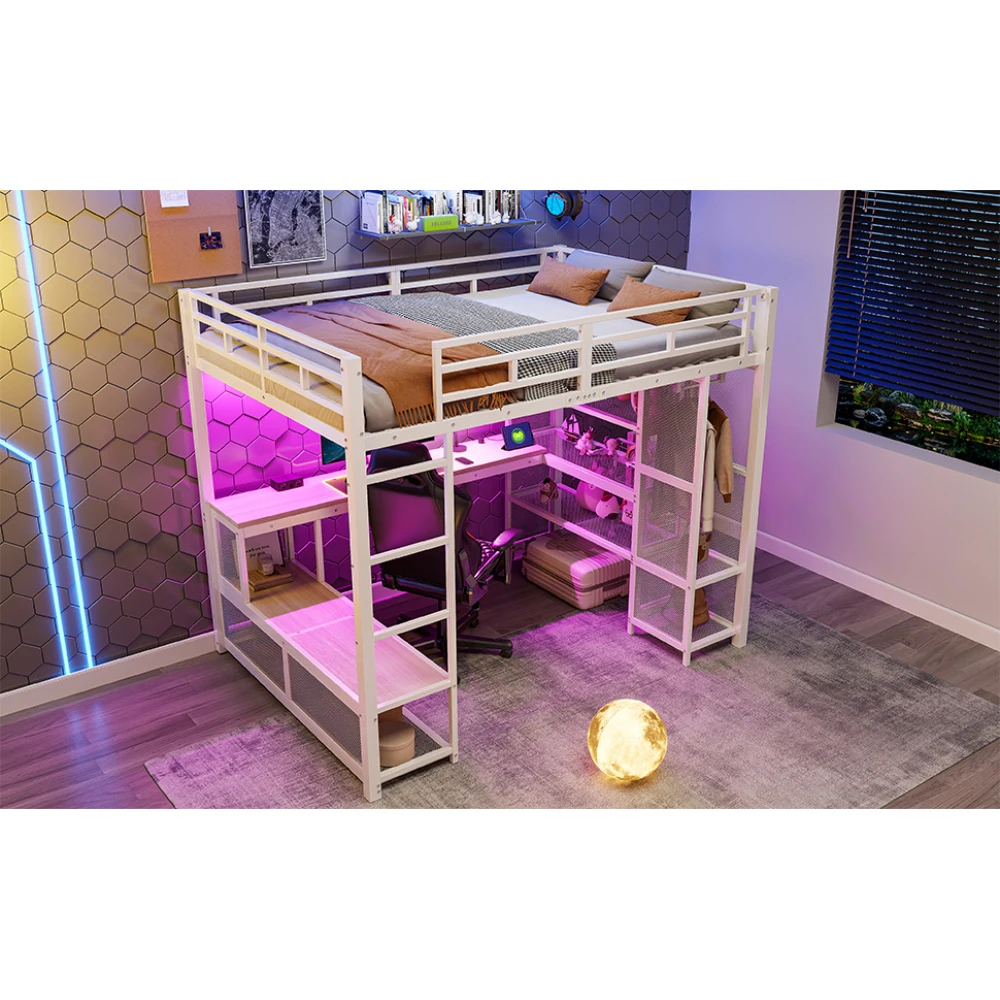 140 x 200 cm großes Hochbett aus Metall mit Stauraum und offenem Kleiderschrank, Kinderzimmerbett mit USB-Anschluss und LED-Beleuchtung, Schwarz/Weiß – Detail 28