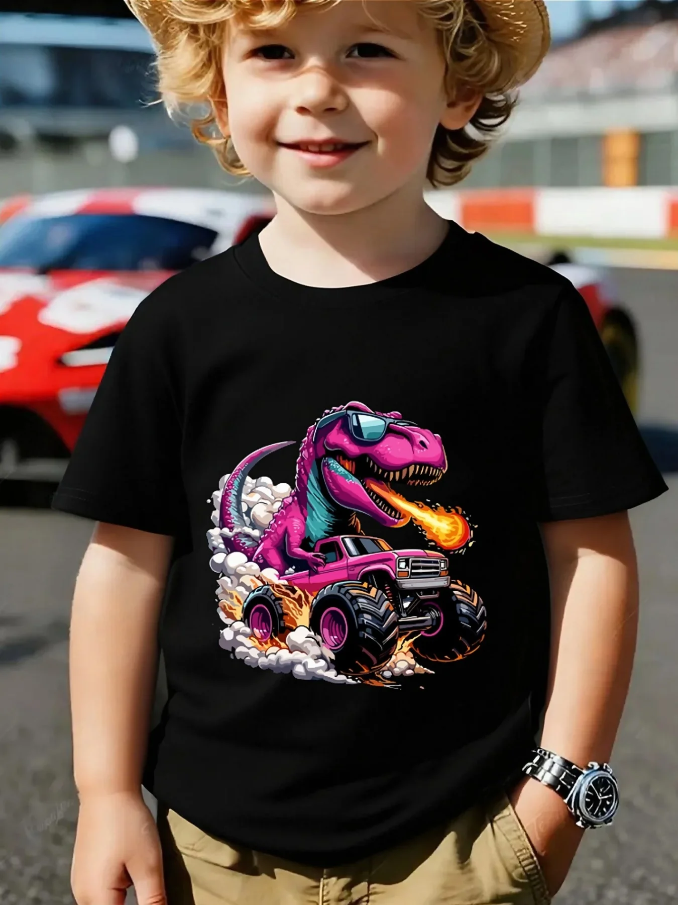Cute Pink Dinosaur Monster Truck Fire Print Family Matching T Shirt Boys Girls Short Sleeve Parent Child Soft Cotton Casual Tops