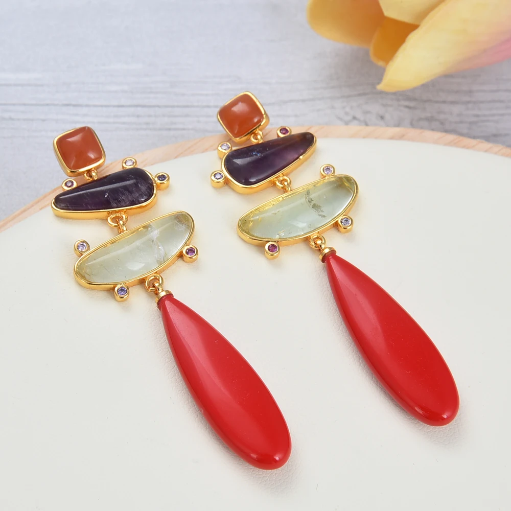 G-G Natural Amethyst Red Turquoise Prehnite Cz Paved Dangle Stud Earrings Jewelry Gifts
