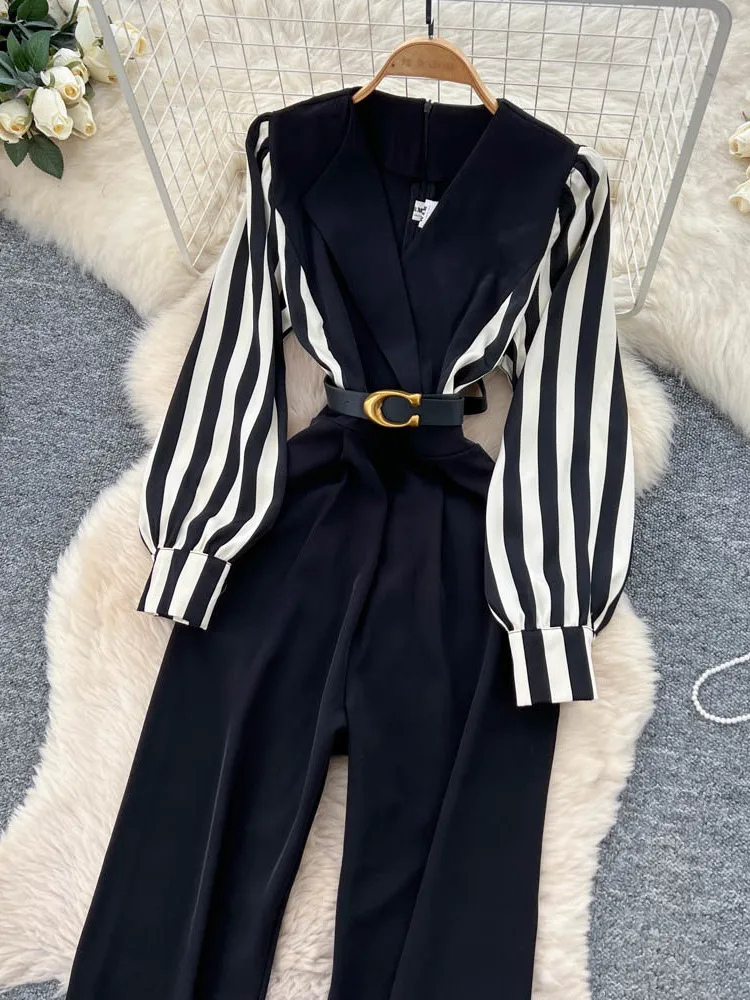 캐주얼 스트라이프 긴팔 패치워크 슈트 칼라 허리 조임 슬림핏 레저 원피스 팬츠 하이웨이스트 스트레이트 레그 출퇴근 스타일