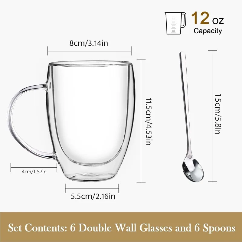 Imagem -04 - Double Wall Clear Canecas com Alça Canecas de Vidro Isolado Perfeito para Espresso Conjunto de 12 oz