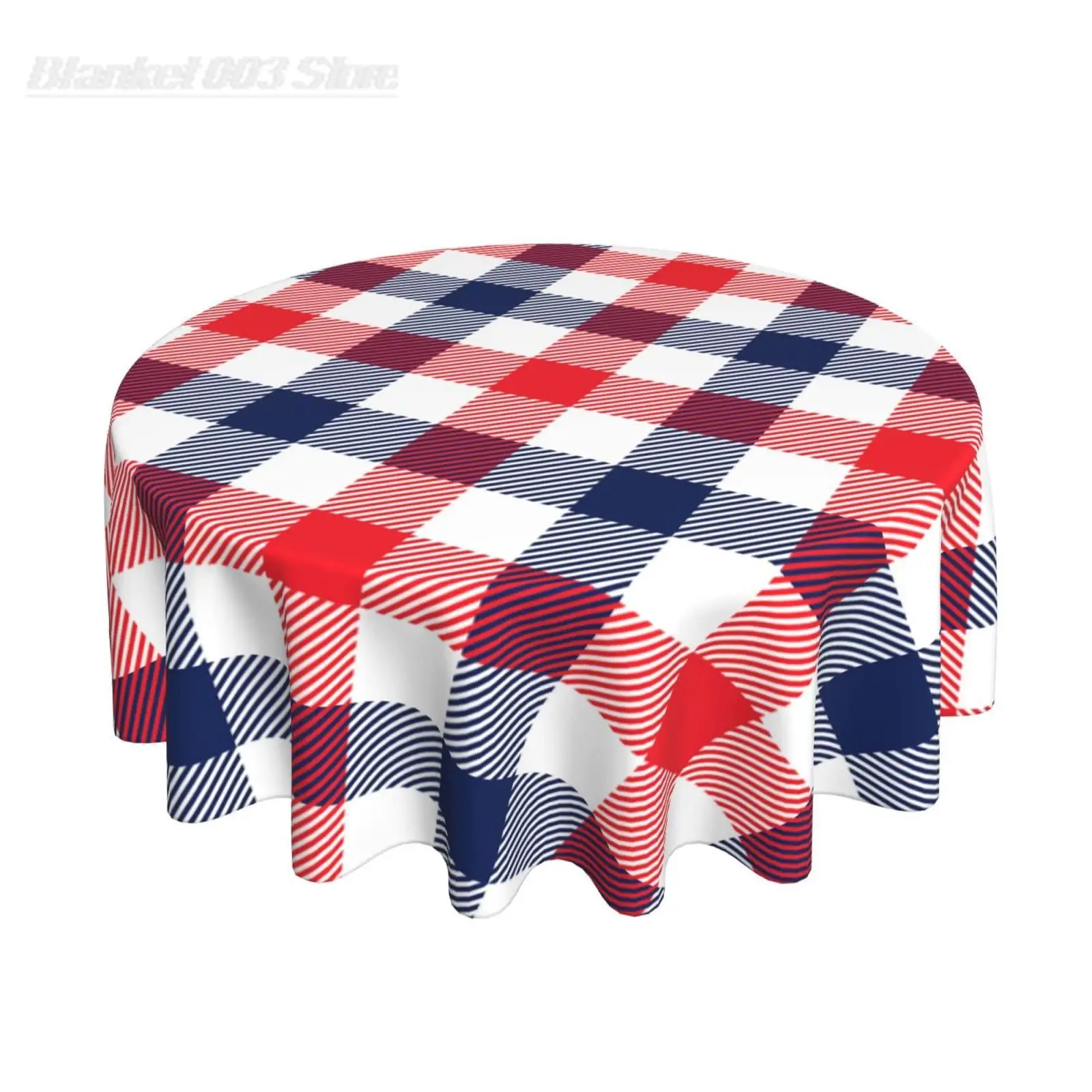 Navy Blue Red Checkered Tablecloth Round 60 Inch  Flag Plaid Table Cloth Waterproof Fabric Protector Patriotic Checked