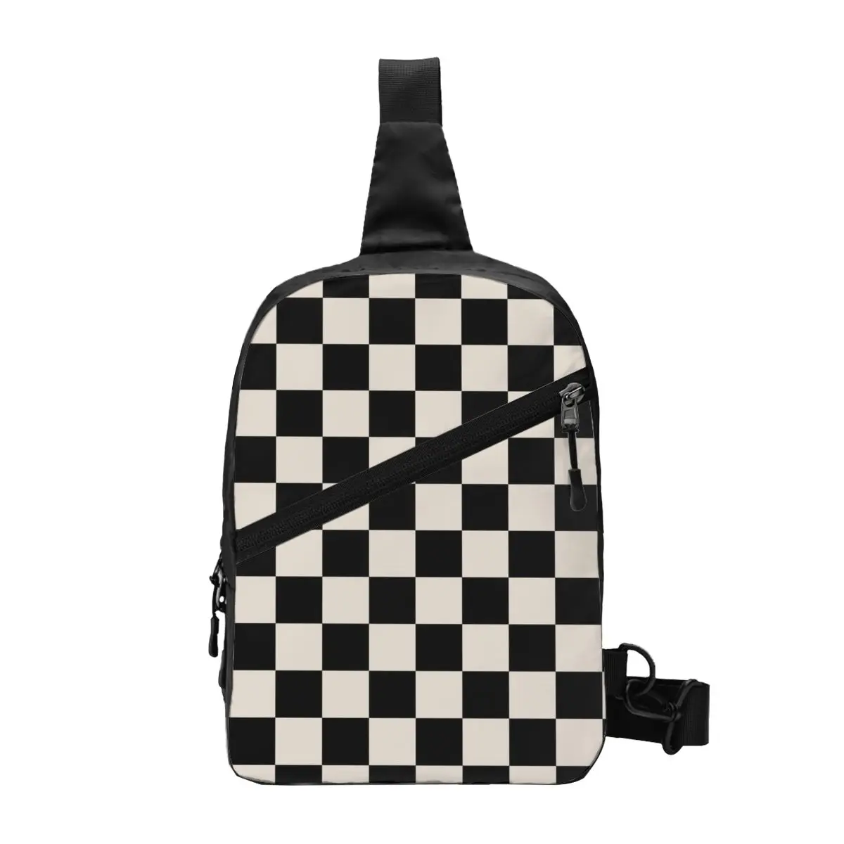 

Personalized Checkerboard Pattern Plaid Black And Linen White Sling Bag Cool Shoulder Chest Crossbody Backpack Traveling Daypack