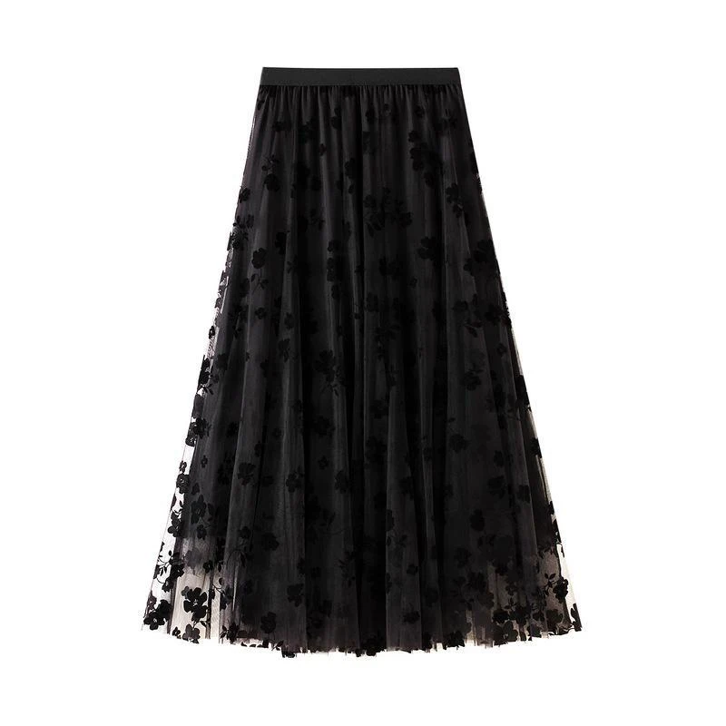 Elegant Floral Women Tulle Skirts High Waist Korean Flocking Pleated Midi Skirts Mesh Summer Office Ladies Skirt New