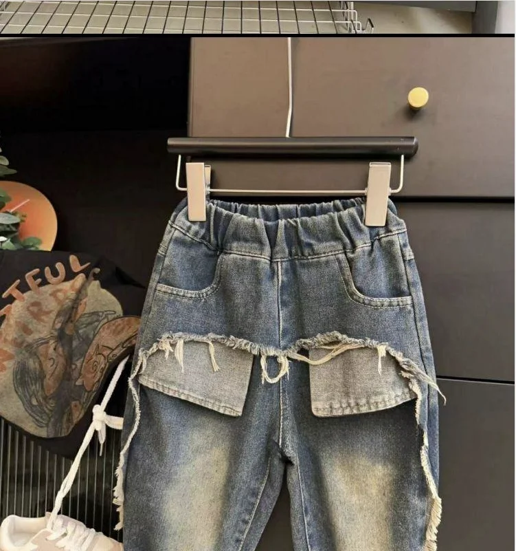 Children\'s Jeans Spring and Autumn Loose Boys and Girls Casual Straight Loose Pants Handsome Baby Outwear Pants