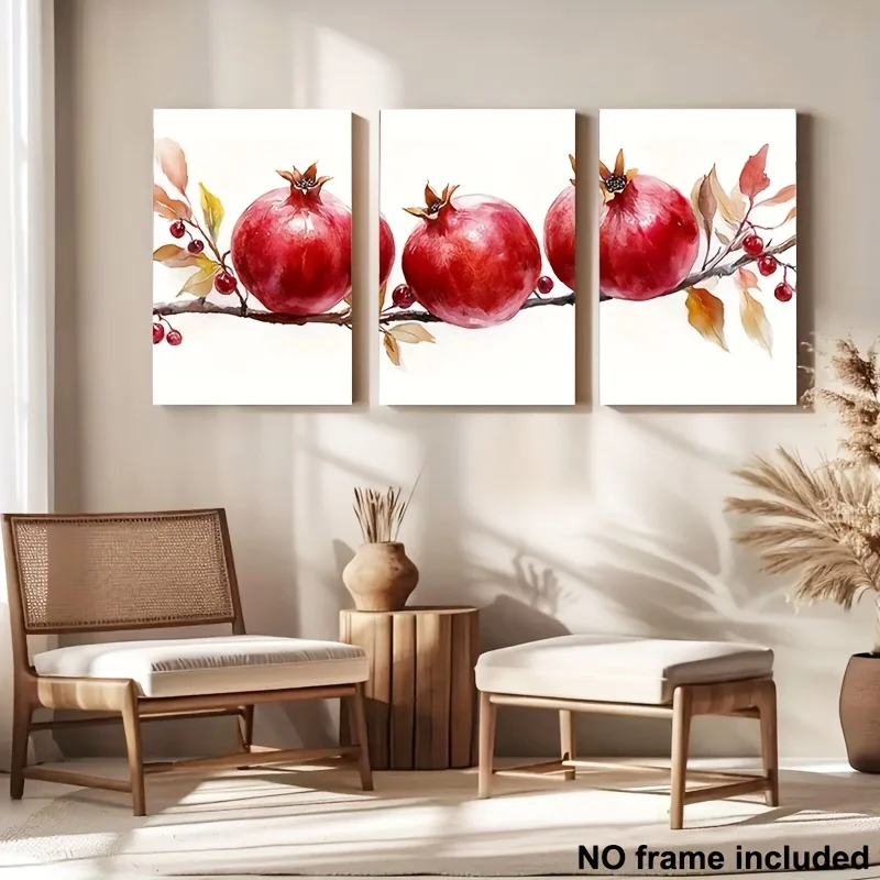 2D Flat, 2D Flat, 3pcs Decorative Art, 2D Frameless Canvas Prints, High-Quality Printed Jujube Fruit Watercolor Art on Branch