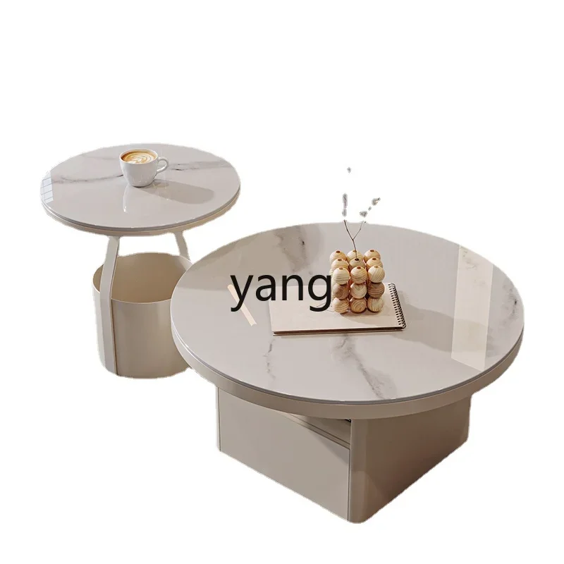 

Yjq Simple Cream Style Tea Table Combination Small Apartment round Stone Plate Living Room White Minimalist