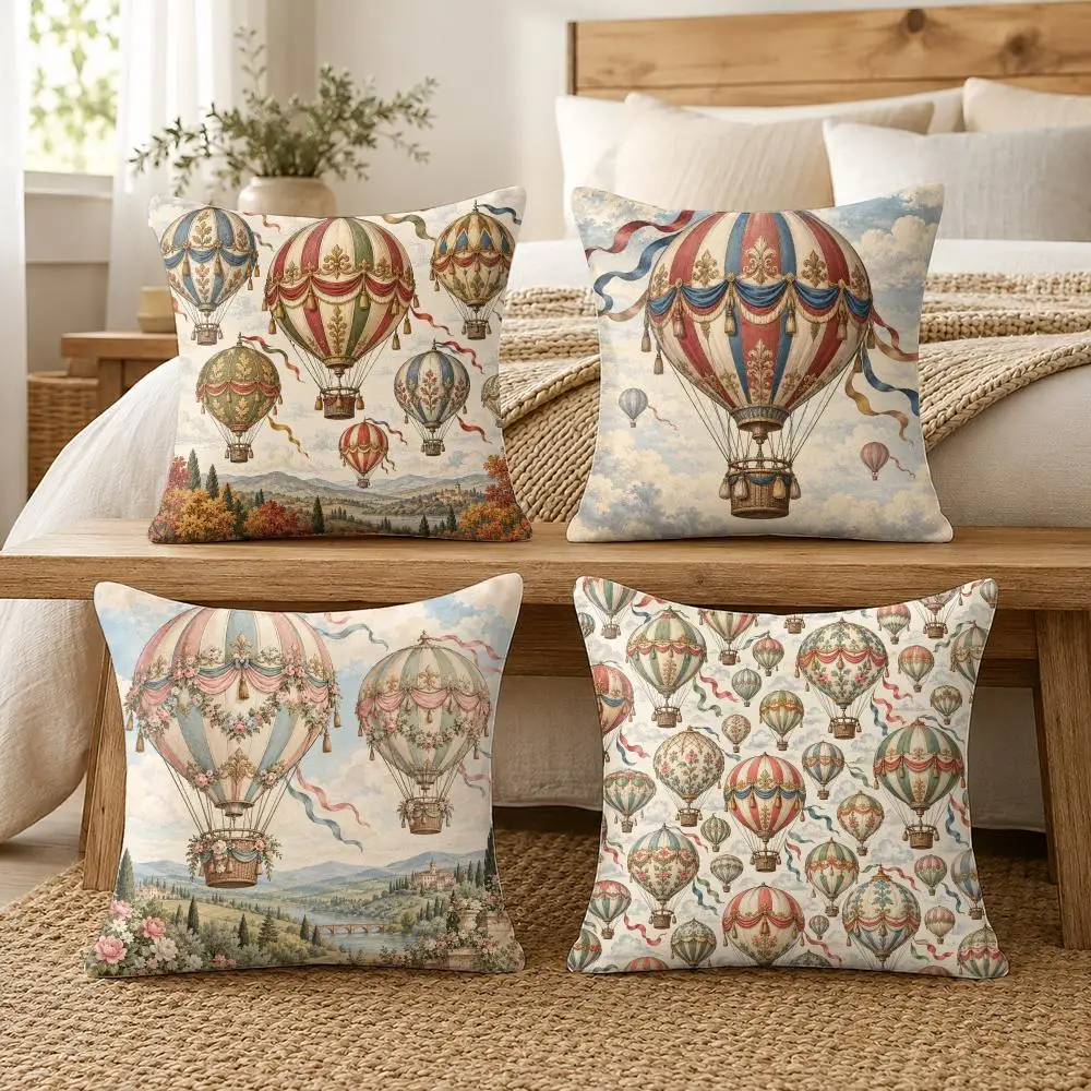 Hot Air Balloons18th-Century Vintage Cushion Cover Soft Pillow Cases Hidden Zipper Cutecore Sofa Bedroom Home Decor Gift