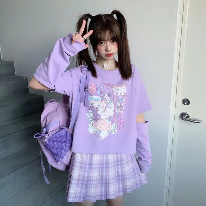 Janpanese Girl Anime Printed T-Shirt Summer Cute Splicing Y2k Tops Women Purple Clothes Two-dimensional Streetwear Kawaii Tees