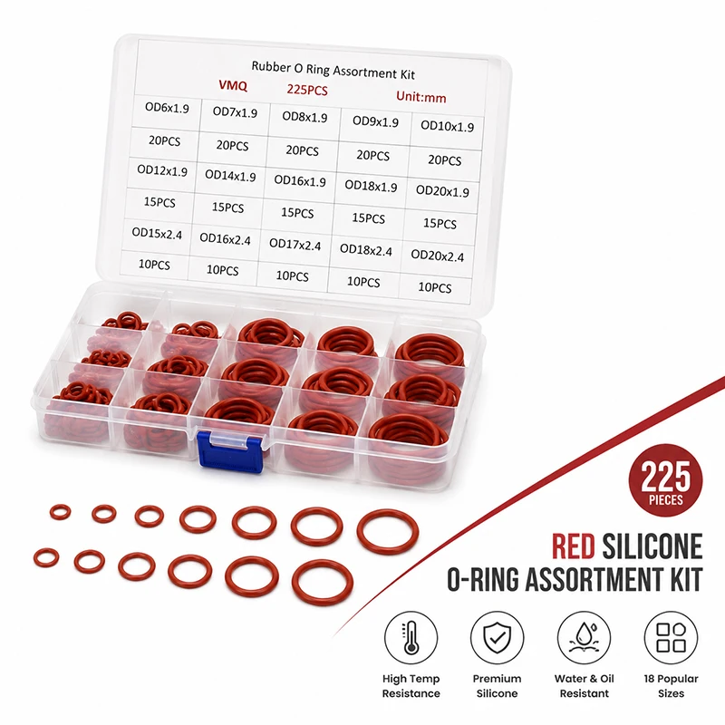 225 Pieces of VMQ Red Silicone O-ring Set, CS 1.9mm/2.4mm Outer Diameter 6-20mm Universal Industrial Equipment Sealing Ring Box