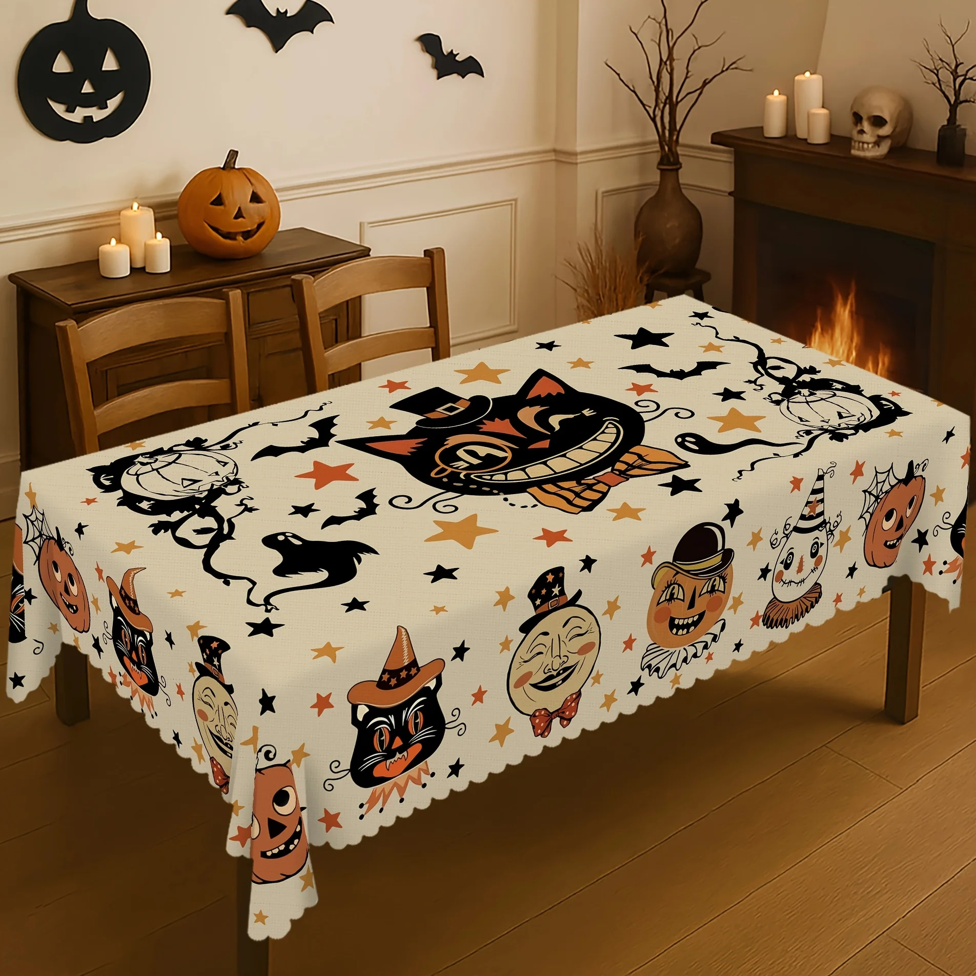 Halloween Black Cat Pumpkins Rectangle Tablecloth for Table Decor Reusable Bat Ghosts Kitchen Dining Table Cloth Halloween Decor