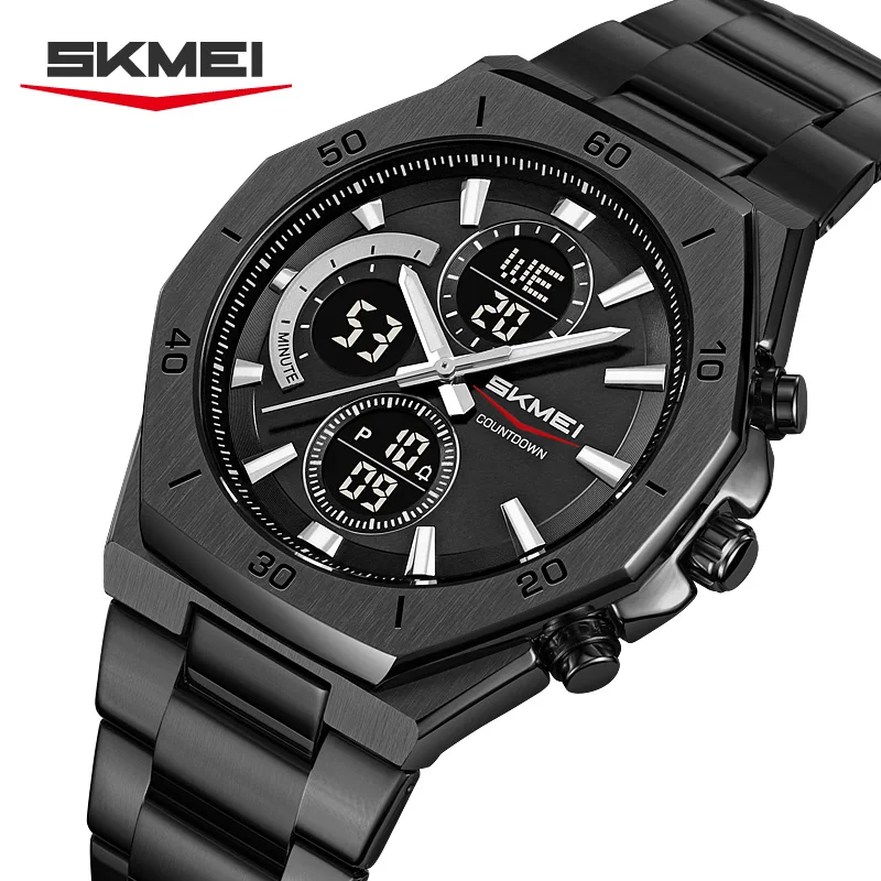 

SKMEI 2561 30 м водонепроницаемые мужские серебристо-золотые восьмиугольные часы с ремешком из нержавеющей стали, цифровой механизм, многофункциональный EL Light