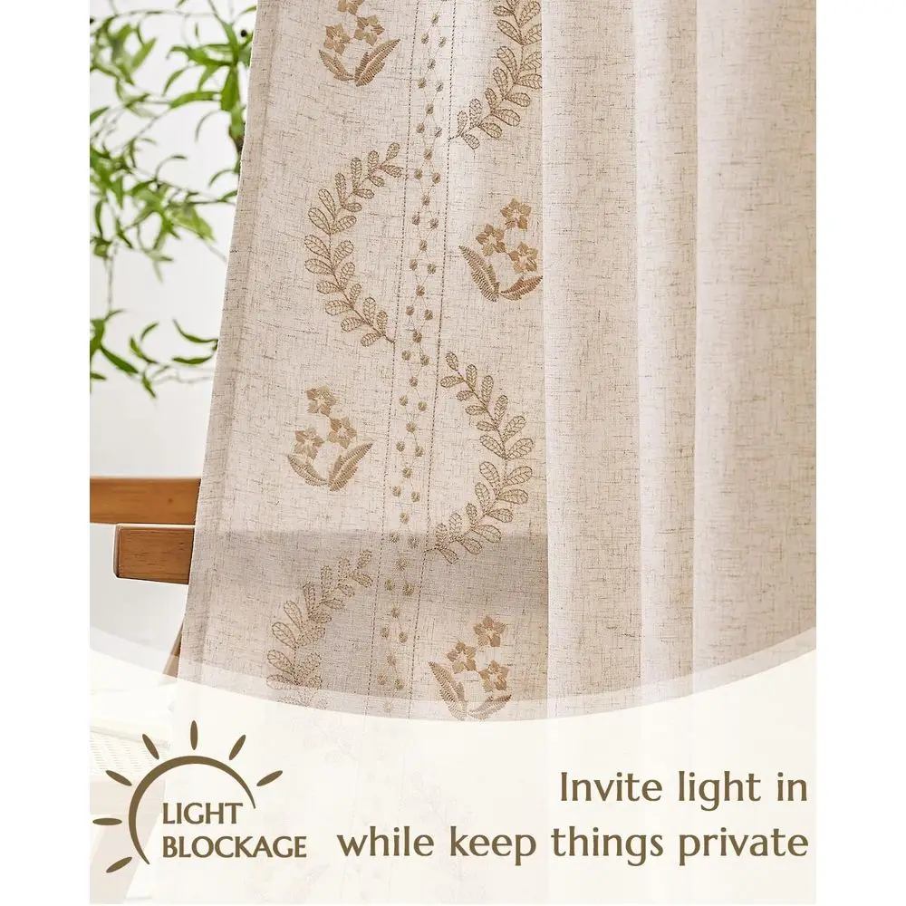 Beżowe, w stylu bohemy, z mieszanki lnu, z kwiatowym wzorem, z haftem, zestaw 2 paneli do sypialni i salonu.
