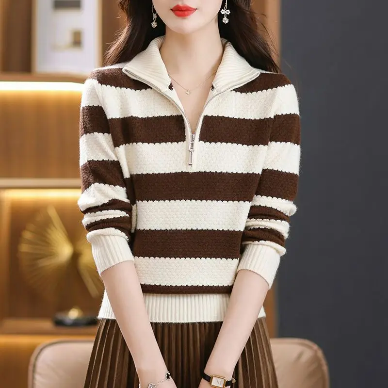 

Large Semi Open Zipper Lapel Sweater for Autumn and Winter Casual Striped Top Loose and Belly Covering Knit Sweater