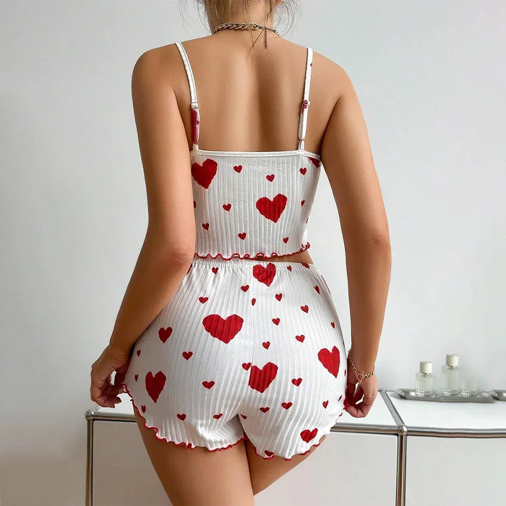 Women's Suspender Pajamas Set Summer Sleeveless Top Shorts Sleepwear 2 Piece Set For Women Homewear Casual Heart Print Suit