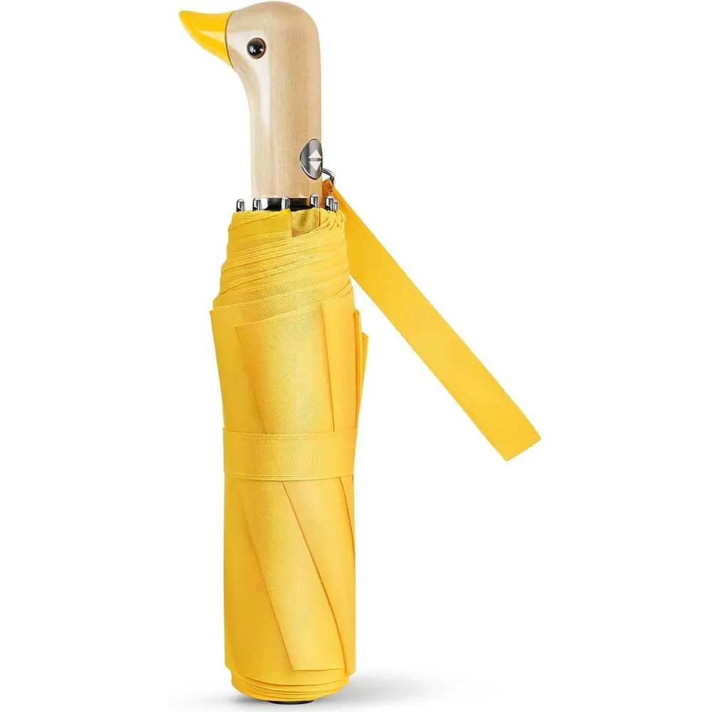 

Compact and Stylish Duck-Printed Folding Umbrella with Yellow Wooden Handle for Women