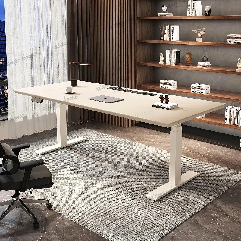 LD Nordic Creative Khaki Saddle Leather Lifting Desks Modern Designer Automatic Lifting Office   Office Furniture