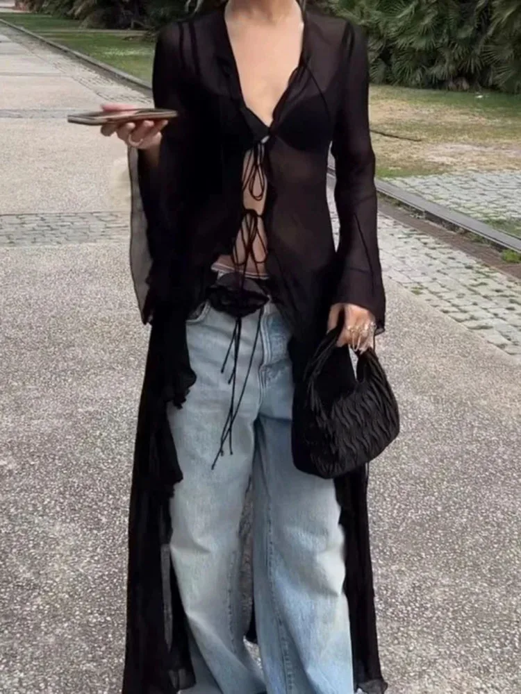 Vintage Y2k Black See Through Long Cardigan Women Sexy Grunge V-neck Streetwear Tops Summer Chic Aesthetic Bandage Slim Blouse