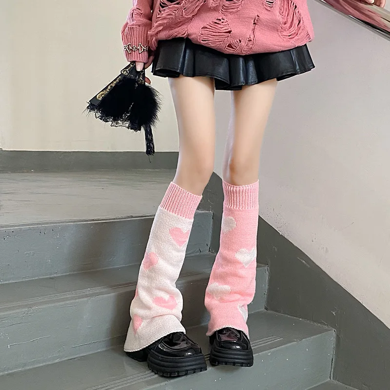 Red Heart Bowknot Wide-leg Long Pile Calf Socks Women's Winter Warm Knitted Foot Covers JK Girl Trend Lolita Crochet Leg warmers