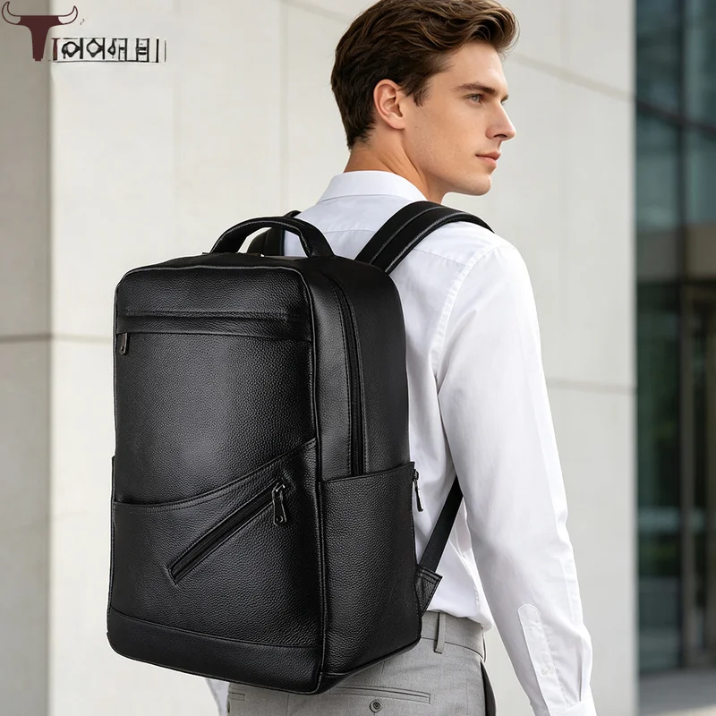Vintage-Rucksack aus schwarzem Leder, unisex, Tagesrucksack aus genarbtem Rindsleder mit Reißverschlusstaschen vorne, Designer-Schultasche für College und Arbeit