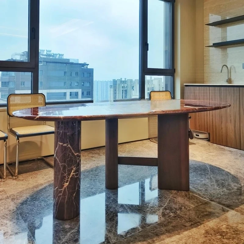 

Итальянский обеденный стол из натурального мрамора, овальный, из массива дерева, средневековый дизайнерский Ziluo, красный роскошный камень