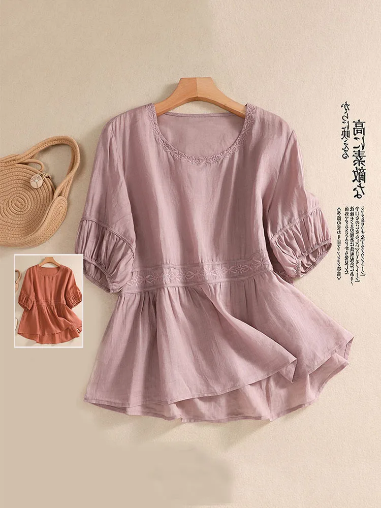 Atasan Asimetris Warna-warni dengan Bordir Artistik Musim Panas dari Katun Linen untuk Wanita Ukuran Plus dengan Kerah Bulat